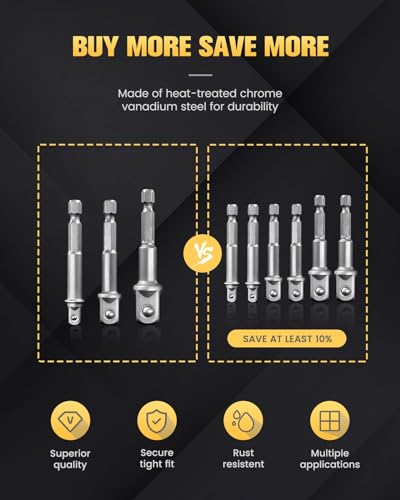 BOEN Impact Grade Socket Adapter Set, 3-PCS Drill Bit Adapter with Bit Holder, Sizes 1/4", 3/8", 1/2", 1/4-Inch SAE Hex Shank, Cr-V, for Cordless Drill & Screwdriver, Power Drill & Driver - size: 3PCS SAE
