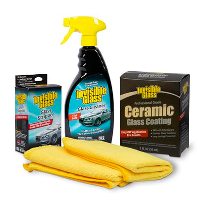Invisible Glass 99017 Pro Glass Care Kit – Clean with Premium Glass Cleaner, Strip Water Spots with Glass Stripper, Protect with Ceramic Coating – Includes (2) Microfiber Cloths