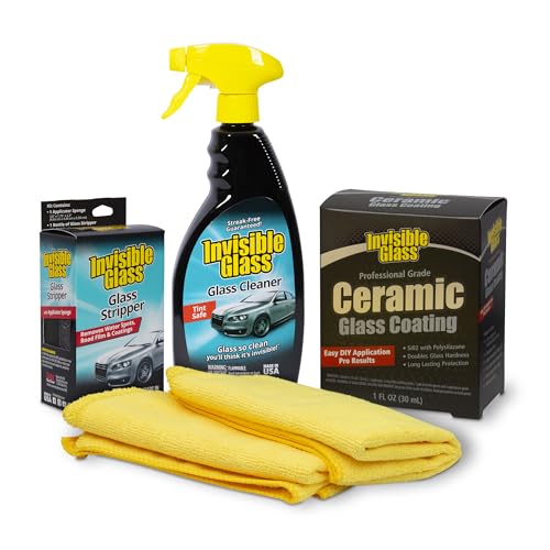 Invisible Glass 99017 Pro Glass Care Kit – Clean with Premium Glass Cleaner, Strip Water Spots with Glass Stripper, Protect with Ceramic Coating – Includes (2) Microfiber Cloths