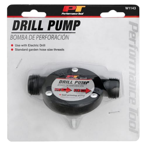 Performance Tool W1143 Liquid Transfer Pump for Corded/Cordless Drills - 225 GPH, 3/4-Inch Max Hose Diameter, Self-Priming, Corrosion-Resistant Shaft