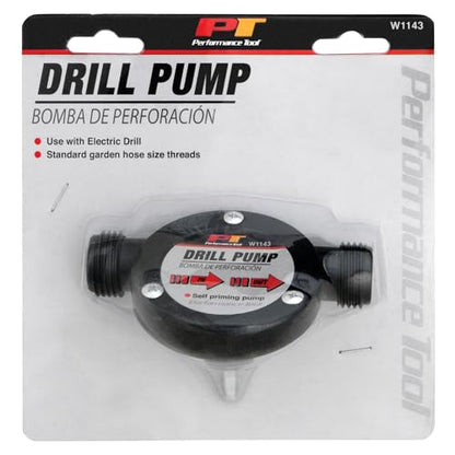Performance Tool W1143 Liquid Transfer Pump for Corded/Cordless Drills - 225 GPH, 3/4-Inch Max Hose Diameter, Self-Priming, Corrosion-Resistant Shaft