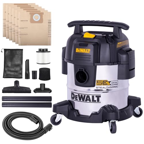 DEWALT 5 Gallon Stealthsonic Shop Vacuum Wet and Dry, 4 Peak HP Shop Vac | Ultra-Quiet Stainless Steel Wet Dry Vac, Heavy-Duty Vacuum Cleaner with 6 Dust Bages for Home, Workshop, Garage, Car - size: 5 Gallon (6 Dust Bag)