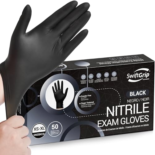 SwiftGrip Disposable Nitrile Exam Gloves, Black Nitrile Gloves Disposable Latex Free for Medical, Cooking & Esthetician - color: 06 Black (M, 50ct)