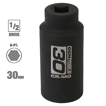 OEMTOOLS 25203 30mm Axle Nut Socket 1/2 Inch Driver, 30 mm Socket, 30 mm Socket 6 Point, 30mm Axle Nut Socket | CR-MO 30mm Impact Socket, Black Oxide Finish to Resist Rust, 6 Pt. 30mm Socket, Use for Tune-Ups - size: 30 mm