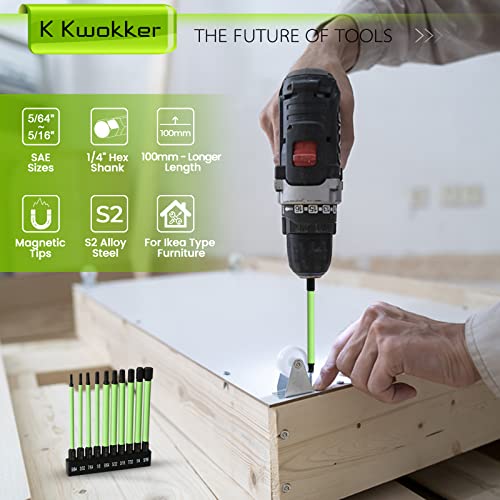 10 Pcs 1/4" Hex Head Allen Wrench Drill Bits 3.94" Long with 1/4" Quick Change Bit Driver, SAE 5/64" to 5/16" Hex Key Drill Bit Set Magnetic Tips Screwdriver Socket Bit Set, S2 Steel, 100MM - style: Set 7: SAE + Quick Release Bit Holder