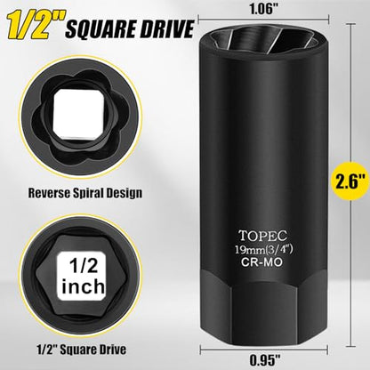 Topec 19MM Deep Lug Nut Extractor Socket - 1/2" Drive Stripped Bolt Nut Remover - size: 19mm