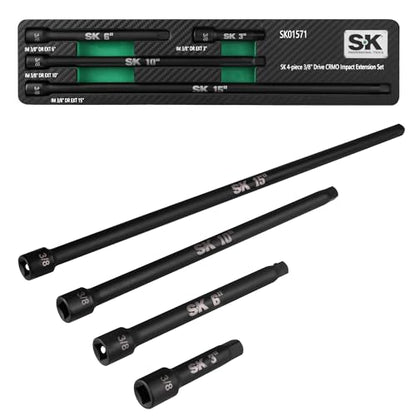 SK 3/8" Drive Impact Socket Extension Set, 3", 6", 10", 15", Cr-Mo Steel | 4-Piece Extension Bar Set, Black Manganese Phosphate Coating, with EVA Foam Storage Tray - size: 3/8-Inch Drive