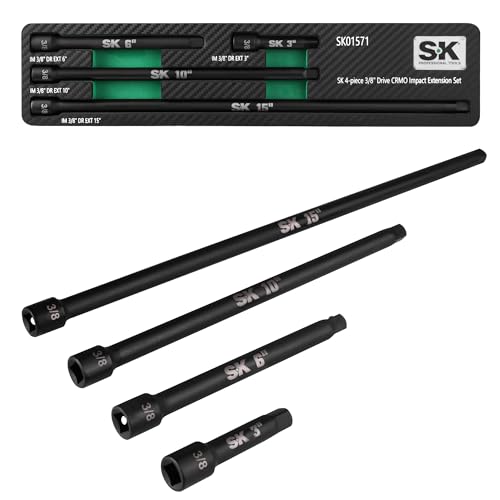 SK 3/8" Drive Impact Socket Extension Set, 3", 6", 10", 15", Cr-Mo Steel | 4-Piece Extension Bar Set, Black Manganese Phosphate Coating, with EVA Foam Storage Tray - size: 3/8-Inch Drive