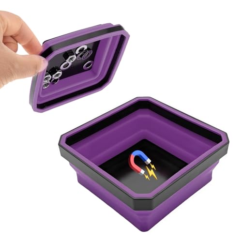 Yourkar Collapsible Magnetic Parts Tray, 4.5 Inch Foldable Magnetic Square Silicone Tray, Tool Tray Set with Double-Sided Magnetic Base for Screw Bolts Nuts Pins, Car Accessories (Purple) - color: Purple, 1 PCS