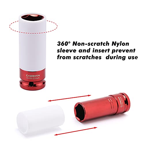 CASOMAN 1/2- Inch Drive Wheel Protector Impact Socket, Extra Thin Wall, Rim Protect Sleeves, 6 Point, Metric,17mm,19mm,21mm,22mm,23mm,24mm,27mm, 7 Pieces Set - size: 7PCS