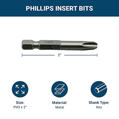Benchmark Abrasives 1/4 Inch Hex Anti Slip Phillips Insert Screw Head Screwdriver Bits, Rotary Drill Bits for Repairing Electronics, Automotive Parts, Furniture (50 Pack) - (PH3 x 2") - size: PH3 x 2"