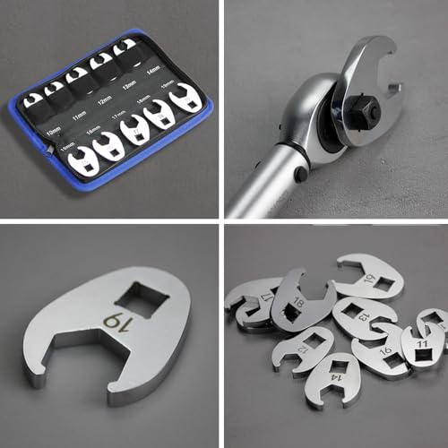 3/8" Drive Flare Nut Crowfoot Wrench Set, 10 Piece Cr-V Steel + Ni-Cr Plating 5 Point Grip Flare Nut Crow Foot Tool Set, Metric 10-19mm Crows Feet Wrench Set with Storage Pouch for Home Car Repair - style: Flare Nut - Metric