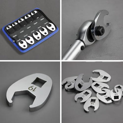3/8" Drive Flare Nut Crowfoot Wrench Set, 10 Piece Cr-V Steel + Ni-Cr Plating 5 Point Grip Flare Nut Crow Foot Tool Set, Metric 10-19mm Crows Feet Wrench Set with Storage Pouch for Home Car Repair - style: Flare Nut - Metric