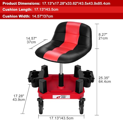 Rolling Shop Stool with Wheels, Adjustable Garage Mechanic Stool Seat Shop Roller Work Chair Mobile Rolling Seat with Tool Tray, 2 Cup Holders, 4" Casters, 350 LBS, Heavy-Duty, Red - color: Red