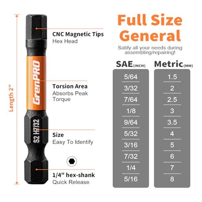 GRENPRO Allen Wrench Drill Bit Set 10pcs Metric, Impact Hex Head Screwdriver Bits Sets, 1/4” Hex-Shank S2 Steel, CNC Machined Tips With Magnetism, 2” Long Magnetic Driver Bit With Storage Box - size: 2" 10pcs(Metric)