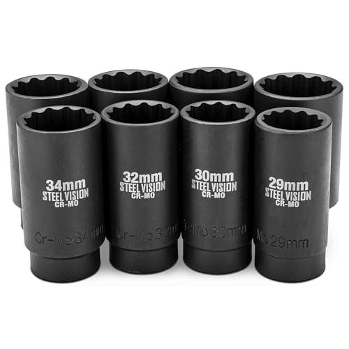 Steel Vision 1/2" Driive Impact Socket Set (1/2"_Metric_Deep Spindle Axle Nut) - style: 1/2"_Metric_Deep Spindle Axle Nut