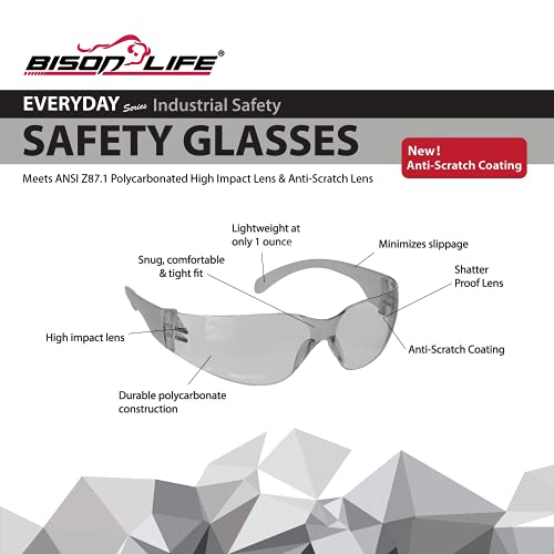 BISON LIFE Clear Safety Glasses – ANSI Z87.1 Certified Scratch & Impact Resistant Eye Protection Goggles for Men & Women - color: Gray/Gray