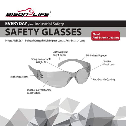 BISON LIFE Clear Safety Glasses – ANSI Z87.1 Certified Scratch & Impact Resistant Eye Protection Goggles for Men & Women - color: Gray/Gray