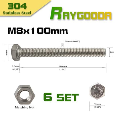M8-1.25x100mm Hex Bolt and Nut Kit 6set, 304 Stainless Steel (A2-70), Full Thread, Bright Finish, Machine Threaded for Automotive, Machinery, DIY - size: M8x100mm(6 Sets）