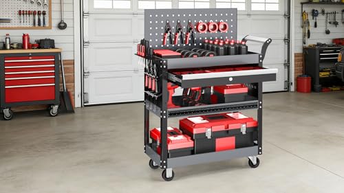 AIRAJ 3 Tier Rolling Tool Cart On Wheels, Mechanic Tool Cart,Industrial Utility Cart with Drawers & Pegboard,440 LBS Heavy Duty Tool Storage Work Cart for Garage, Workshop, Factory and Repair Shop