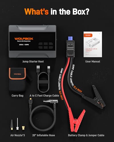 WOLFBOX MV10A 2000A Jump Starter with Air Compressor, 37Wh Car Battery Jumper Starter Portable (up to 5L Gas Engine) with 150PSI Tire Inflator, 12V Jump Box with Jumper Cables, Boost, LED Light - color: Gray