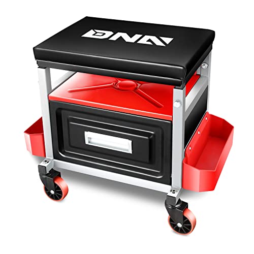 DNA Motoring TOOLS-00198 Adjustable Height Mechanics Roller Seat Creeper Stool With Padded Cushion, Tool Storage Drawer & Tray, 350 Lbs Max Weight Capacity - color: BLACK/RED