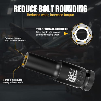 1/2 Inch Drive 11mm Deep Metric 6 Point CR-MO Impact Socket | Radius Corner Design,Square Chamfered Opening,Axle Nut Impact Grade Socket for Easy Removal - size: 1/2” Drive 11mm Deep, style: 1/2" Drive Deep Socket