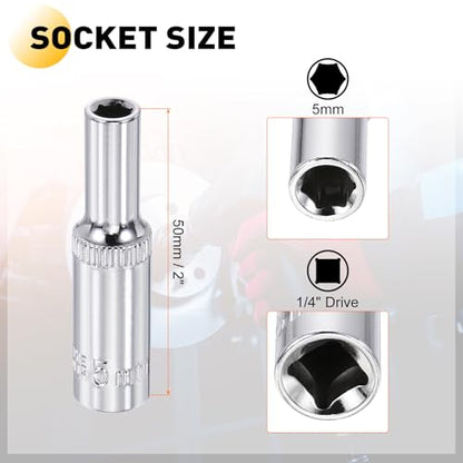 HARFINGTON Deep 6-Point Impact Socket 1/4" Drive 5mm Metric Socket 50mm (2") Long with 1/4" Hex Shank Adapter, CR-V Steel Socket Adapter Accessory Tool Set Kit for Hex Bolts Nuts - size: 5mm x 50mm