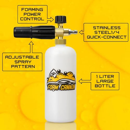 Foam Cannon for Pressure Washer, 1L Bottle Snow Foam Cannon with 5 Pressure Washer Nozzle Tips, 1/4 Inch Quick Connector, Compatible with Gas Pressure Washers&Electric Pressure Washers | Foam Cannon