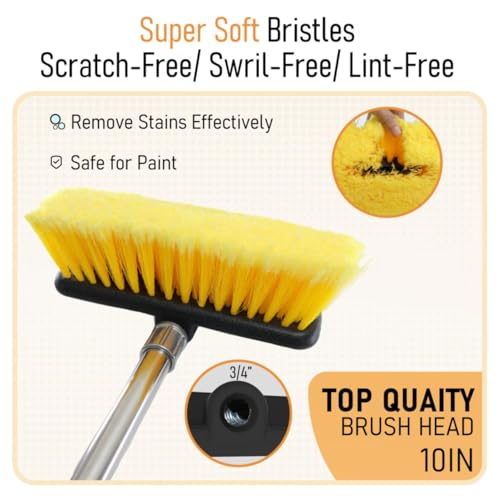 Car Wash Brush with 55" Long Handle | Car Wash 10" Dip Soft Brush | No Scratch Soft Bristle Brush for Car, RV, Boat, Solar Panel, House Siding, Snow, Floors Washing - size: 10"