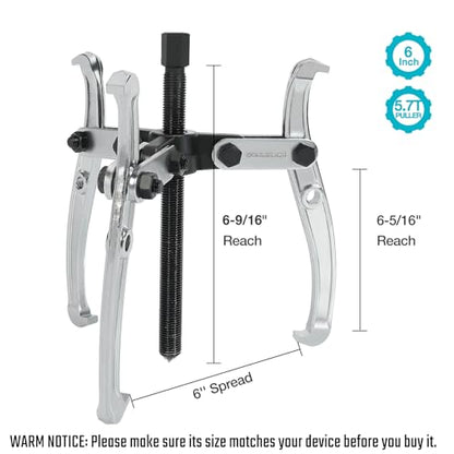 DURATECH 6-Inch 3-Jaw Gear Puller, CR-V Steel, Fully Assembled | Black Phosphated, Anit-Slip, Corrosion Resistance, for Narrow Spaces, Bearing Puller, for Gears, Pulleys, Bearings, Flywheels - size: 6-Inch