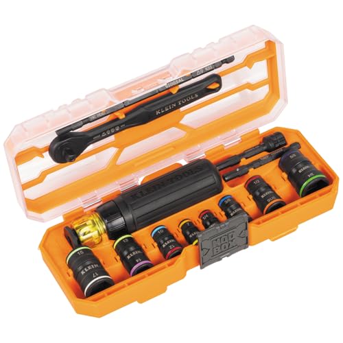 Klein Tools 65242 KNECT Impact Socket Set, Ratcheting Screwdriver Set, 1/4-Inch Drive, 4 SAE and 4 Metric Flip Sockets, 16 Hex Sizes, Adapters, MODbox Case - size: 16-in-1 KNECT