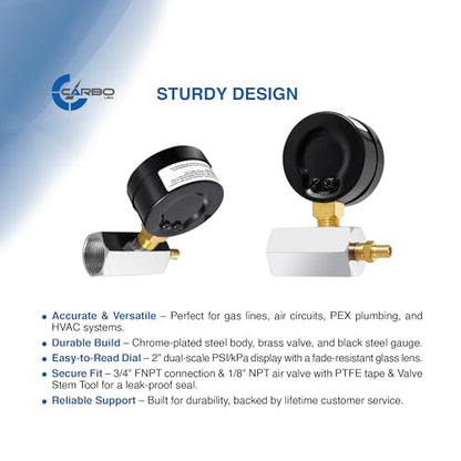 Gas Test Pressure Gauge 60 Pound, 60 PSI / 400 kPa, 3/4” FNPT Connection, Brass Valve, Chrome Plated Steel Body Assembly. - size: 3/4" FNPT 0-60 psi, style: Chrome Plated Steel