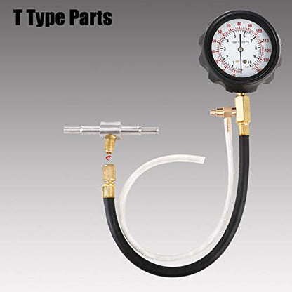 YSTOOL Fuel Pressure Tester Engine Injector Pump Test Gauge Kit 140PSI | Automotive Gasoline Gas Injection Manometer Tool Set with Inline Fitting Schrader Adapter for Auto Car Motorcycle Red Case
