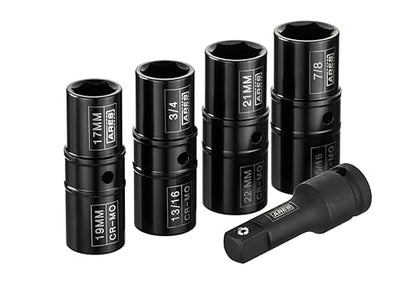 ARES 59010-5-Piece 1/2-inch Drive Lug Nut Flip Socket Set - Includes 17mm, 19mm, 21mm, 22mm Metric Sizes & 3/4-Inch, 13/16-Inch, 7/8-Inch, 15/16-Inch SAE Sizes - Impact Grade Chrome-Moly Steel - size: 5pc SAE and Metric Set