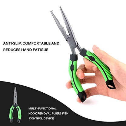 Hikary Long Nose Fishing Pliers, Stainless Steel Hook Remover Braid Cutter Rustproof Multi-Tool Fishing Gripper for Freshwater Saltwater - color: Green-9inch