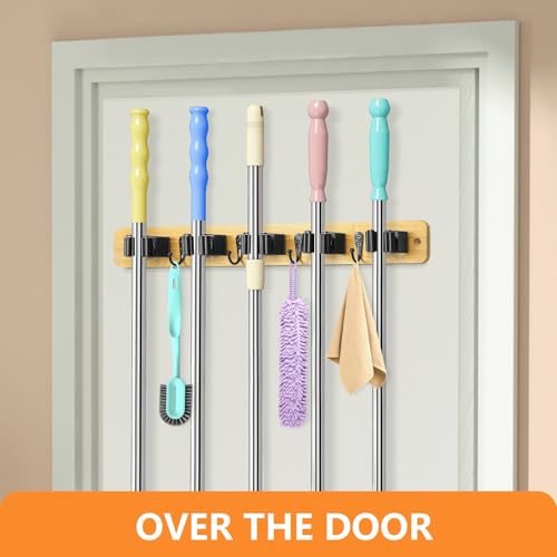 IMILLET Broom Holder Wall Mount, Bamboo Broom Hanger with 5 Racks 4 Hooks, Mop and Broom Holder Wall Mount Self Adhesive, Home Organization and Storage for Laundry Room, Closet, Utility Room - style: Bamboo-5 Slots