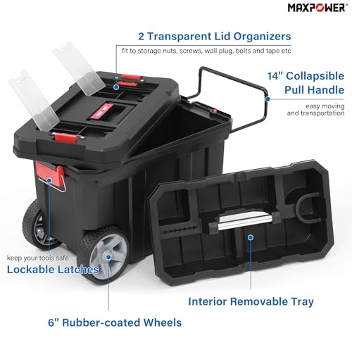 MAXPOWER Rolling Tool Box with Wheel, Lockable Deep Tool Box | 8 Gallon Storage Capacity Black Toolbox with Removable Tray and Latches - size: 16", style: 8-gallon Rolling tool box