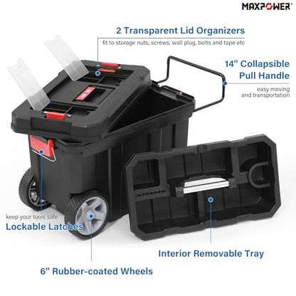 MAXPOWER Rolling Tool Box with Wheel, Lockable Deep Tool Box | 8 Gallon Storage Capacity Black Toolbox with Removable Tray and Latches - size: 16", style: 8-gallon Rolling tool box