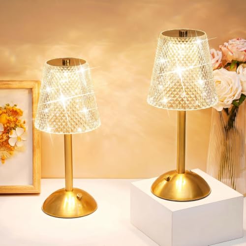 Liliful 2 Pcs Cordless Table Lamp Rechargeable Touch LED Small Gold Portable Battery Operated USB-c Desk Lamp 3 Color Dimmable for Bedroom Living Room Dining (Gold,Crystal Cut Style) - color: Crystal Cut Style, size: Gold