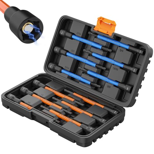 12PCS Nut Driver Set for Impact Drill, Magnetic SAE/Metric 1/4" Hex Shank Nut Drivers, 6 Inch Extra Long Socket Set for Drill with Sturdy Tool Box, Hand Tools for Men/Women to DIY and Repair Car - color: Blue, size: 12 PCS