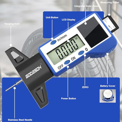 GODESON Digital Tire Tread Depth Gauge – Solar & Battery Hybrid, Inch/MM Modes, 1"/25.4mm Range, Blue Accurate Tread Depth Gauge Tool for Cars, Trucks & Motorcycles Tire Wear Check - style: IN/MM - Blue