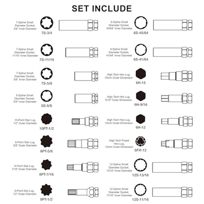 MIXPOWER 16-Piece Locking Lug Nut Master Key Set of Spline Star and Hex Style Keys, Wheel Lock Removal Kit, Thin-Walled and Long Lug Keys to Prevent Damage to Wheels Double-Hex Heads - size: 16PCS