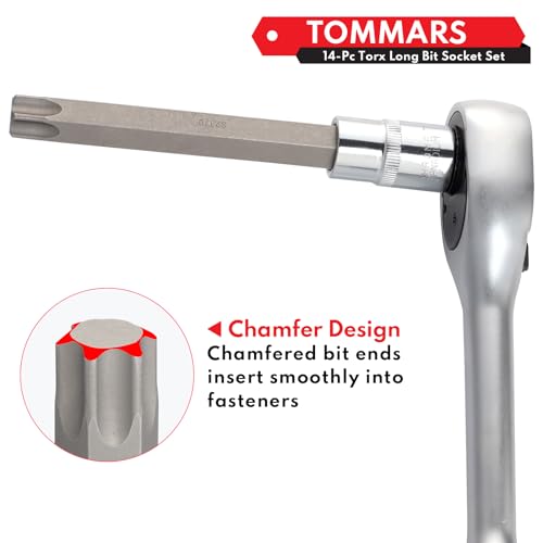 TOMMARS 14-PC Long Torx Bit Socket Set | T10, T15, T20, T25, T27, T30, T35, T40, T45, T47, T50, T55, T60, T70, 3/8", 1/2" Drive, S2 Alloy Steel - style: Long Torx Bit Socket Set