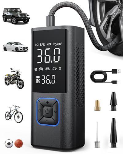 Powools Cordless Tire Inflator 150PSI Portable Air Compressor with Auto Shutoff, Air Pump for Car Tires, Motorcycle, Bike, Balls, Inflatables, LED Light, Blue, Large Capacity - color: Blue, size: Large Capacity