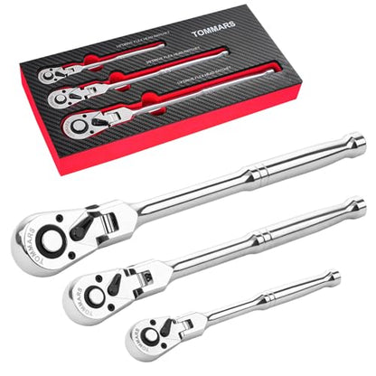 TOMMARS Flex Head Ratchet Set, 1/4", 3/8", 1/2" Drive Socket Wrench Kit | Mechanic Hand Tool Kit, Flexible, 72 Tooth 5-degree swing arc, Quick Release, Reversible - size: 1/4", 3/8", 1/2" Drive, style: Flex Head Standard Ratchet Set