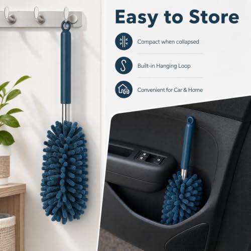 Set of 2 Microfiber Car Dusting Brushes Flexible Adjustable Mini Cleaning Tools Made of Polyester Fiber for Dashboard Vents Blue