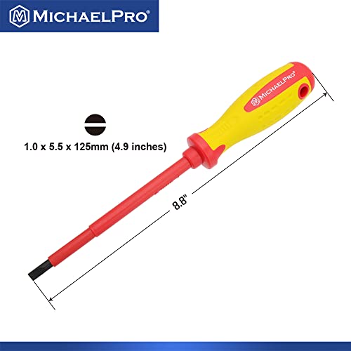 MichaelPro 5.5 x 125mm 1000V VDE Insulated Screwdriver, Electrician Tools, Slotted Screwdriver with Magnetic Tip, CR-MO Steel Blade, 10,000V Tested and Certified for Electrician Safety - MP002032 - size: 1-Piece 5.5 x 125mm Slotted
