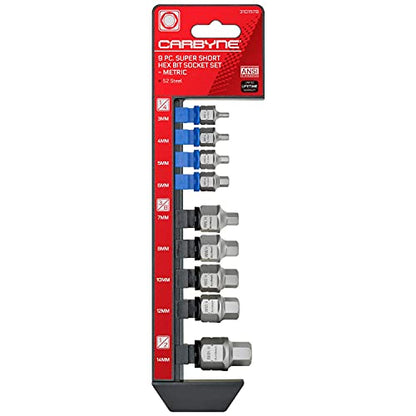 CARBYNE 9-Piece Metric Stubby Low Profile Hex (Allen) Bit Socket Set, 3mm to 14mm, S2 Steel, Super Short Allen Sockets, Dual Drive Internal Square and External Hex for Tight Confined Spaces - size: Metric Hex