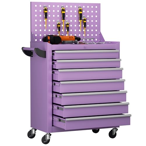 Greenvelly 7-Drawer Metal Tool Chest, Rolling Tool Chest with Wheels, Tool Cabinet with Detachable Top Tool Box, Metal Tool Cart with Liner & Hooks for Garage, Workshop, Warehouse (Purple) - color: Purple, size: 7 Drawers